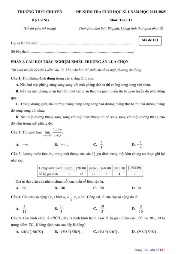 đề cuối kì 1 toán 11 năm 2024 – 2025 trường thpt chuyên hạ long – quảng ninh