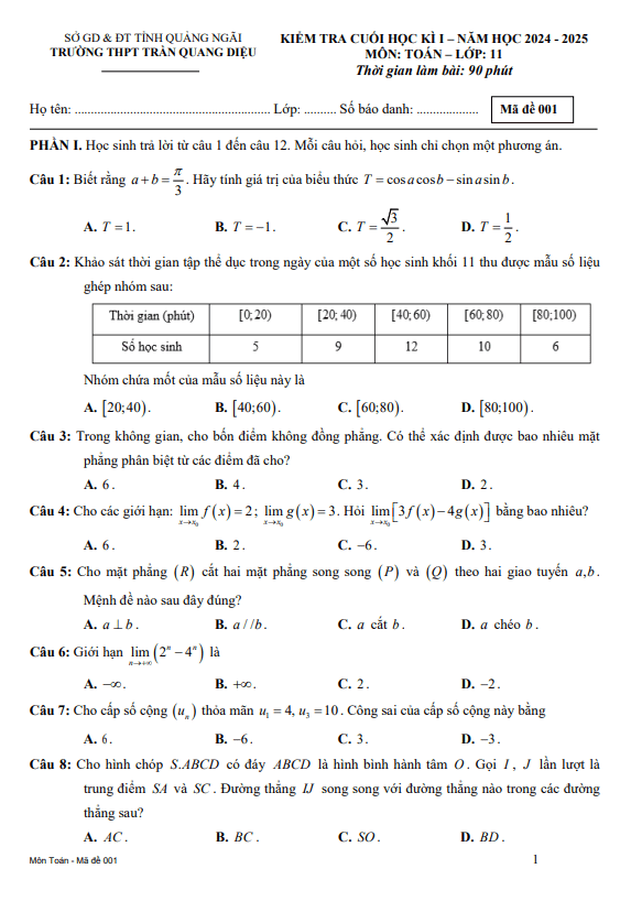 đề cuối kì 1 toán 11 năm 2024 – 2025 trường thpt trần quang diệu – quảng ngãi