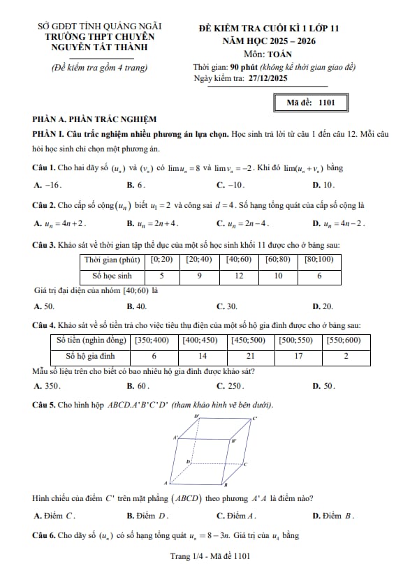 Tài liệu đề cuối kì 1 toán 11 năm 2025 – 2026 trường chuyên nguyễn tất thành – quảng ngãi