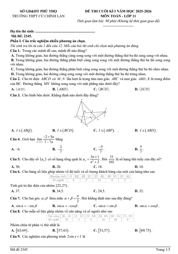 đề cuối kì 1 toán 11 năm 2025 – 2026 trường thpt cù chính lan – phú thọ