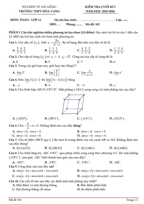 Tài liệu đề cuối kì 1 toán 11 năm 2025 – 2026 trường thpt hòa vang – đà nẵng