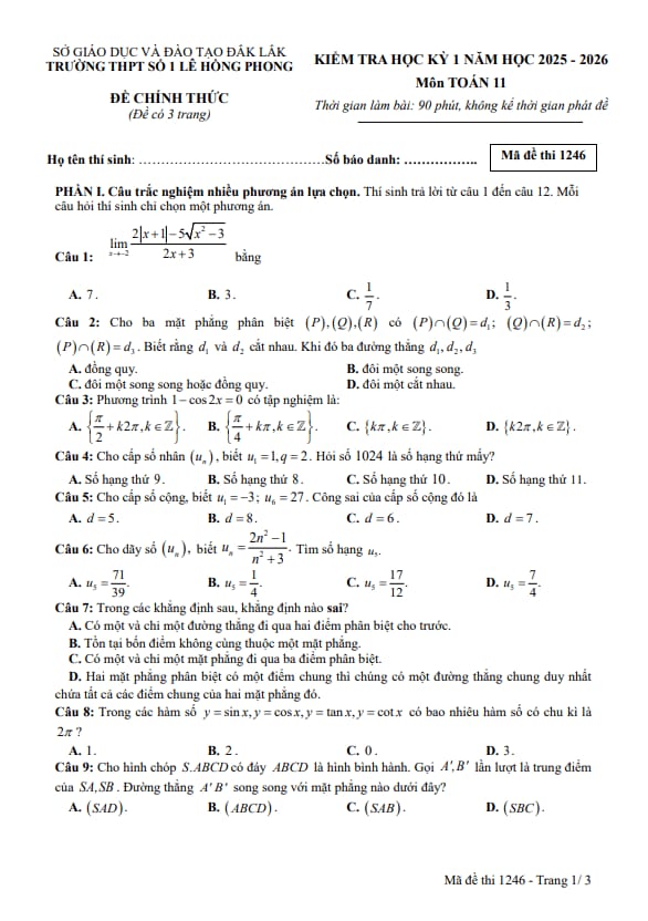 đề cuối kì 1 toán 11 năm 2025 – 2026 trường thpt lê hồng phong 1 – đắk lắk