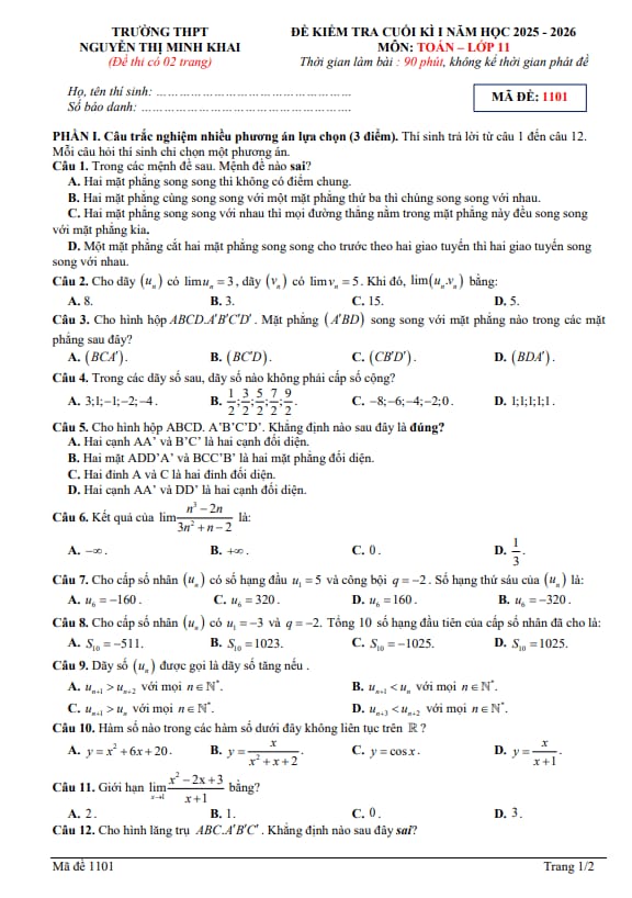 Tài liệu đề cuối kì 1 toán 11 năm 2025 – 2026 trường thpt nguyễn thị minh khai – hà tĩnh