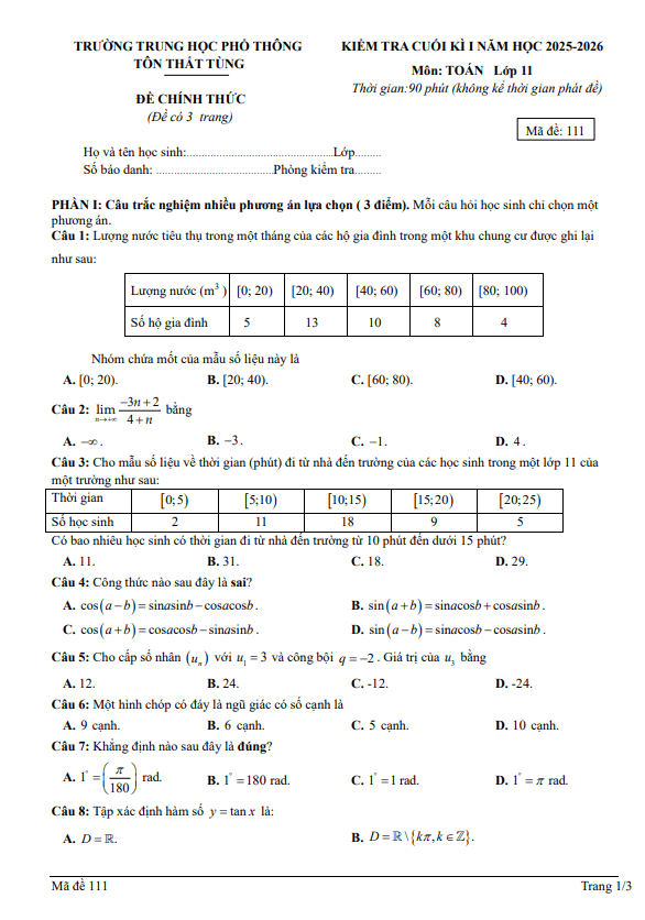 đề cuối kì 1 toán 11 năm 2025 – 2026 trường thpt tôn thất tùng – đà nẵng