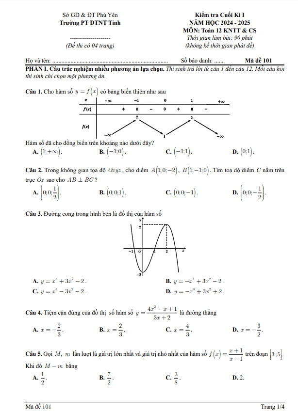 đề cuối kì 1 toán 12 năm 2024 – 2025 trường pt dtnt tỉnh phú yên