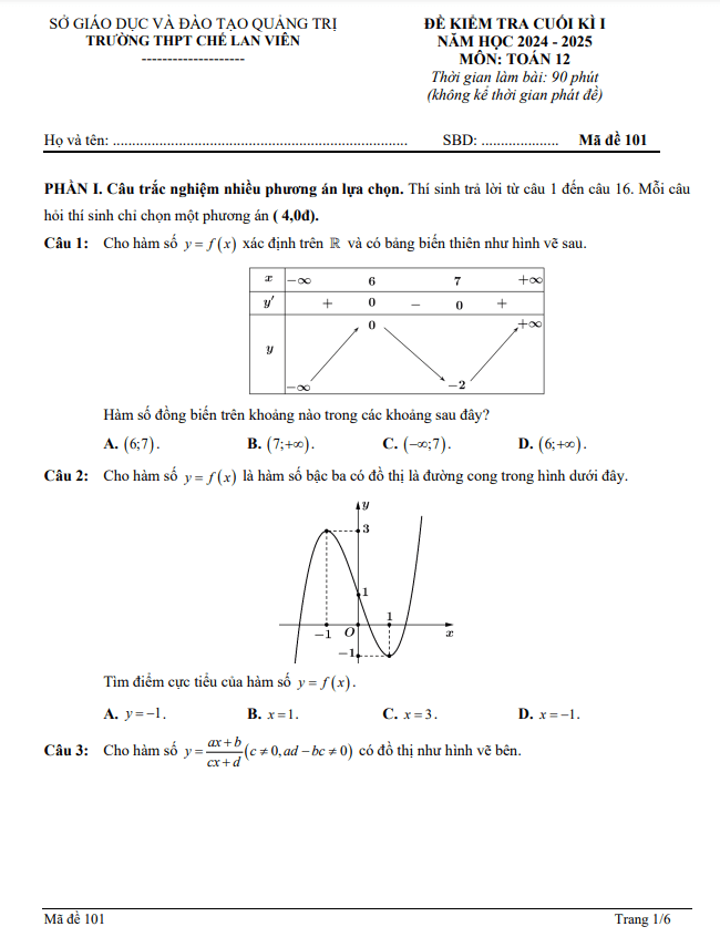 đề cuối kì 1 toán 12 năm 2024 – 2025 trường thpt chế lan viên – quảng trị