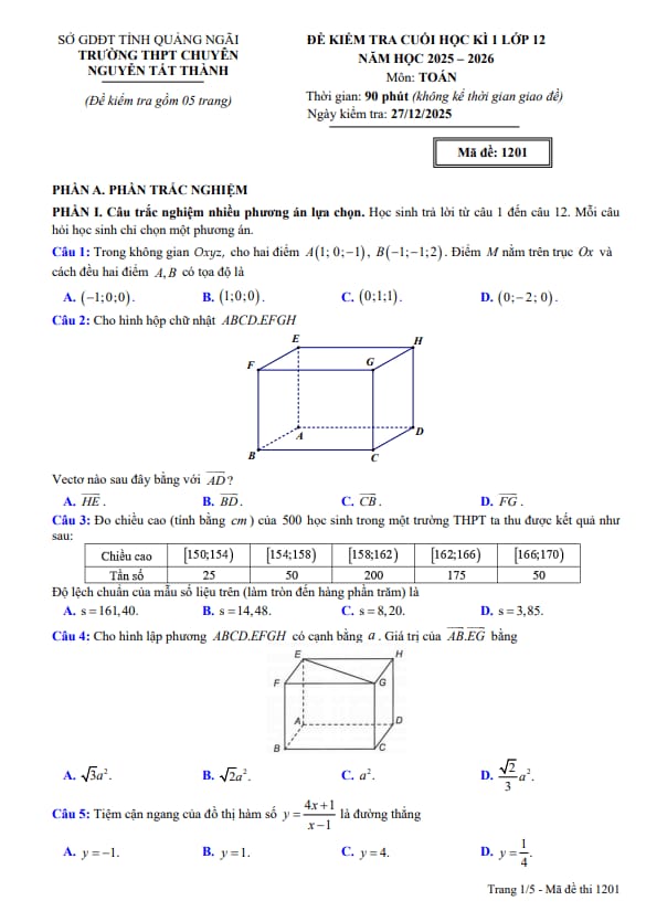 Tài liệu đề cuối kì 1 toán 12 năm 2025 – 2026 trường chuyên nguyễn tất thành – quảng ngãi