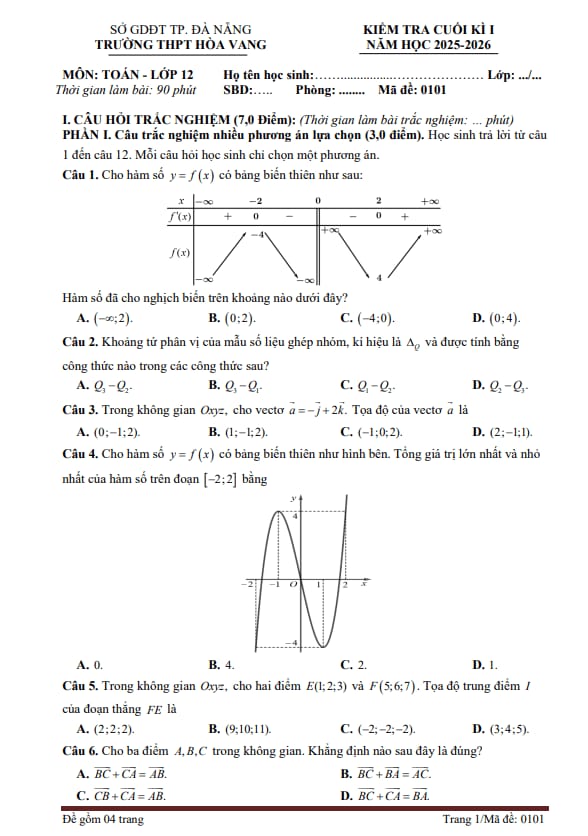 Tài liệu đề cuối kì 1 toán 12 năm 2025 – 2026 trường thpt hòa vang – đà nẵng