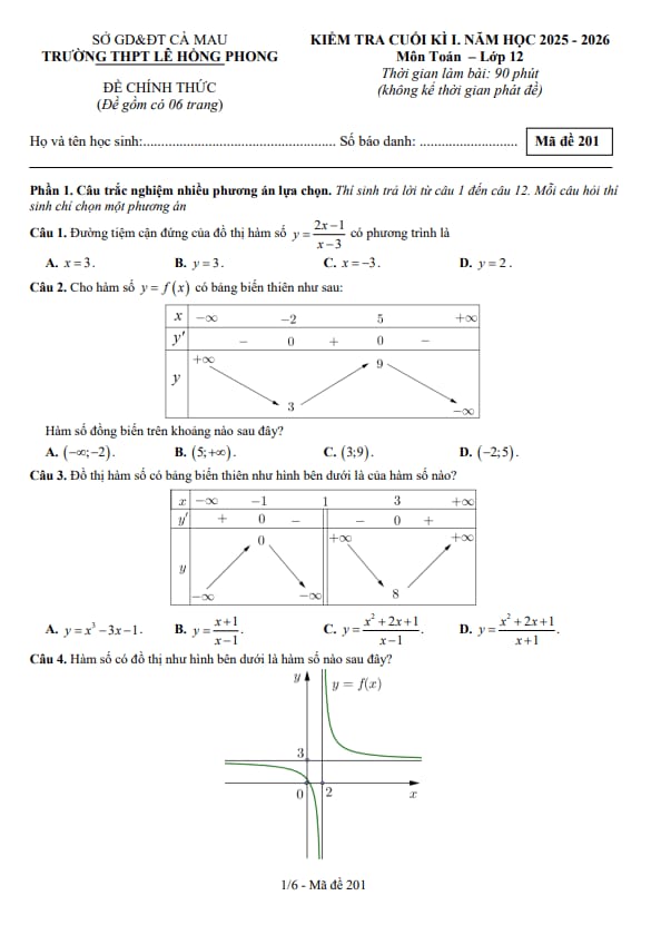 Tài liệu đề cuối kì 1 toán 12 năm 2025 – 2026 trường thpt lê hồng phong – cà mau