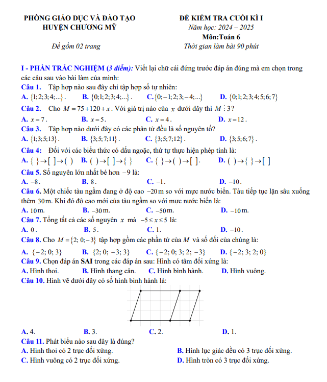 đề cuối kì 1 toán 6 năm 2024 – 2025 phòng gd&đt chương mỹ – hà nội