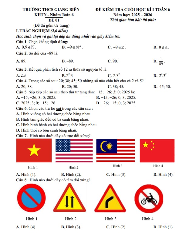 đề cuối kì 1 toán 6 năm 2025 – 2026 trường thcs giang biên – hà nội