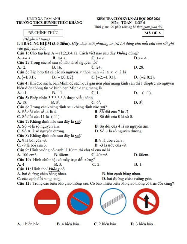 đề cuối kì 1 toán 6 năm 2025 – 2026 trường thcs huỳnh thúc kháng – đà nẵng
