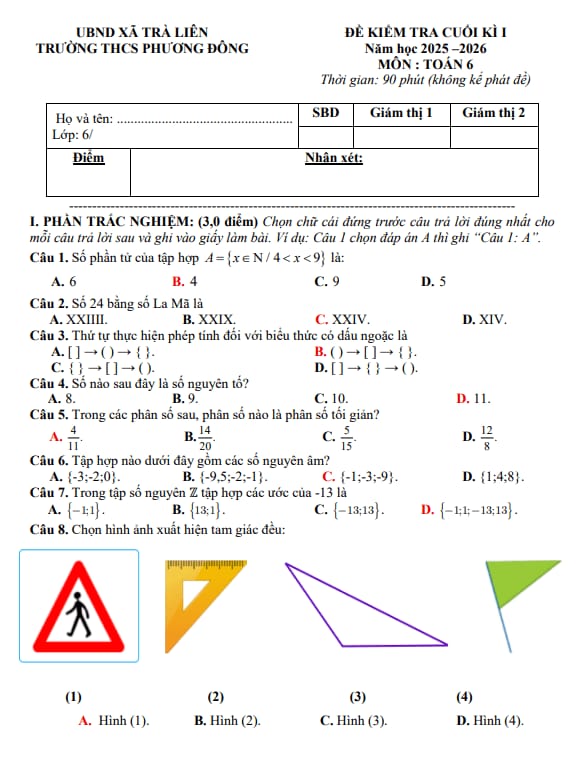 đề cuối kì 1 toán 6 năm 2025 – 2026 trường thcs phương đông – đà nẵng