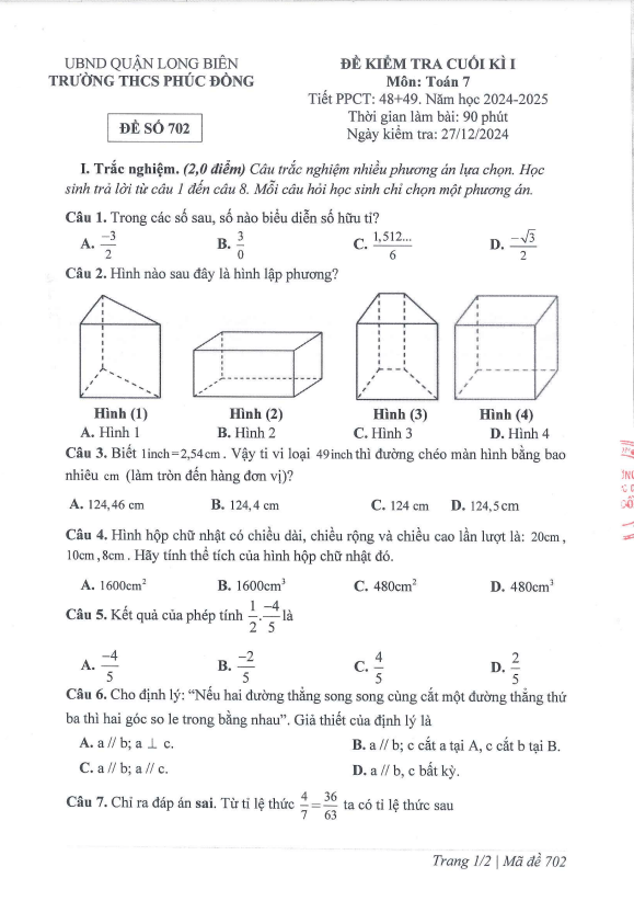 đề cuối kì 1 toán 7 năm 2024 – 2025 trường thcs phúc đồng – hà nội