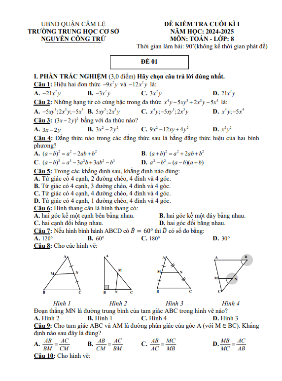 đề cuối kì 1 toán 8 năm 2024 – 2025 trường thcs nguyễn công trứ – đà nẵng