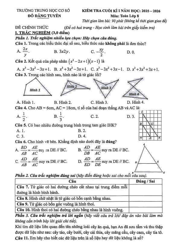 đề cuối kì 1 toán 8 năm 2025 – 2026 trường thcs đỗ đăng tuyển – đà nẵng