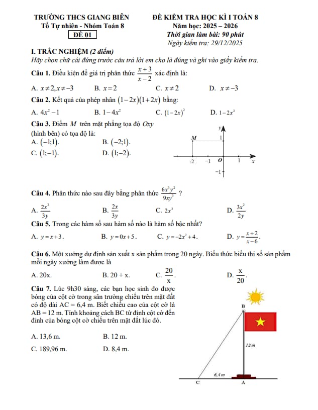 đề cuối kì 1 toán 8 năm 2025 – 2026 trường thcs giang biên – hà nội