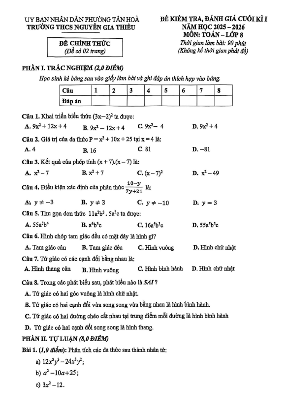 đề cuối kì 1 toán 8 năm 2025 – 2026 trường thcs nguyễn gia thiều – tp hcm