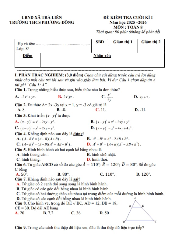 đề cuối kì 1 toán 8 năm 2025 – 2026 trường thcs phương đông – đà nẵng