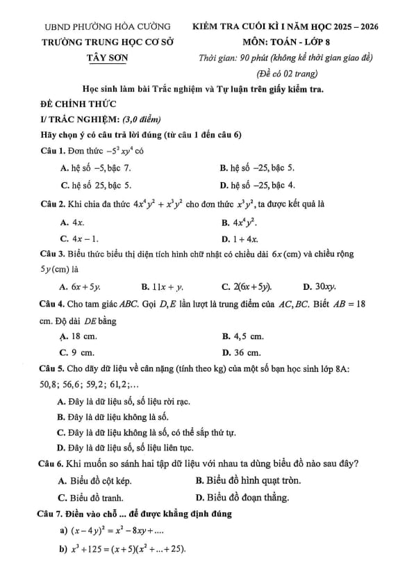 đề cuối kì 1 toán 8 năm 2025 – 2026 trường thcs tây sơn – đà nẵng