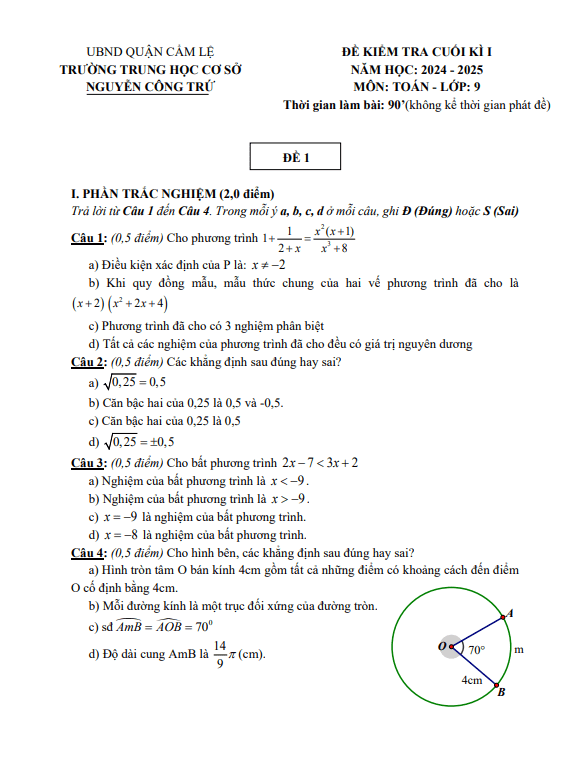 đề cuối kì 1 toán 9 năm 2024 – 2025 trường thcs nguyễn công trứ – đà nẵng