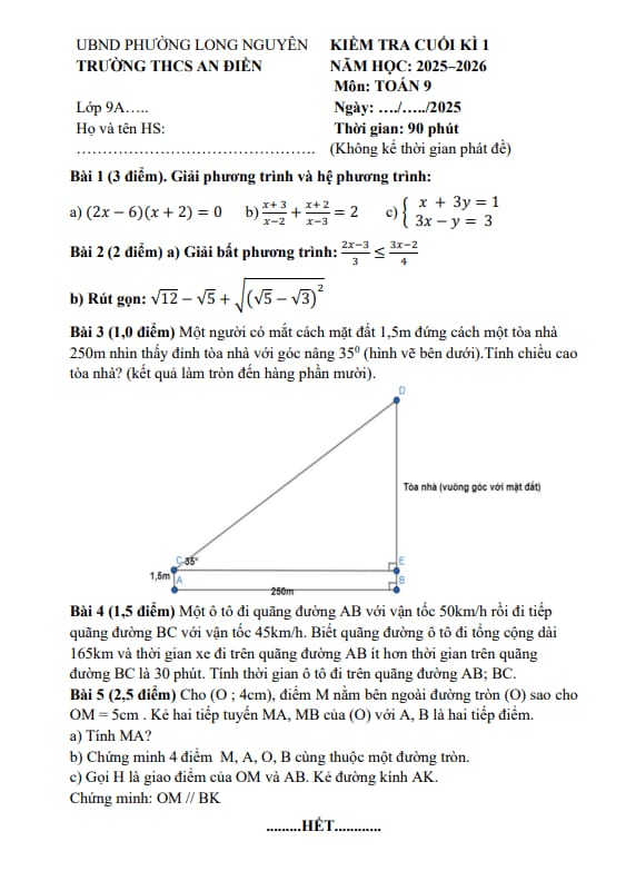 đề cuối kì 1 toán 9 năm 2025 – 2026 trường thcs an điền – tp hcm