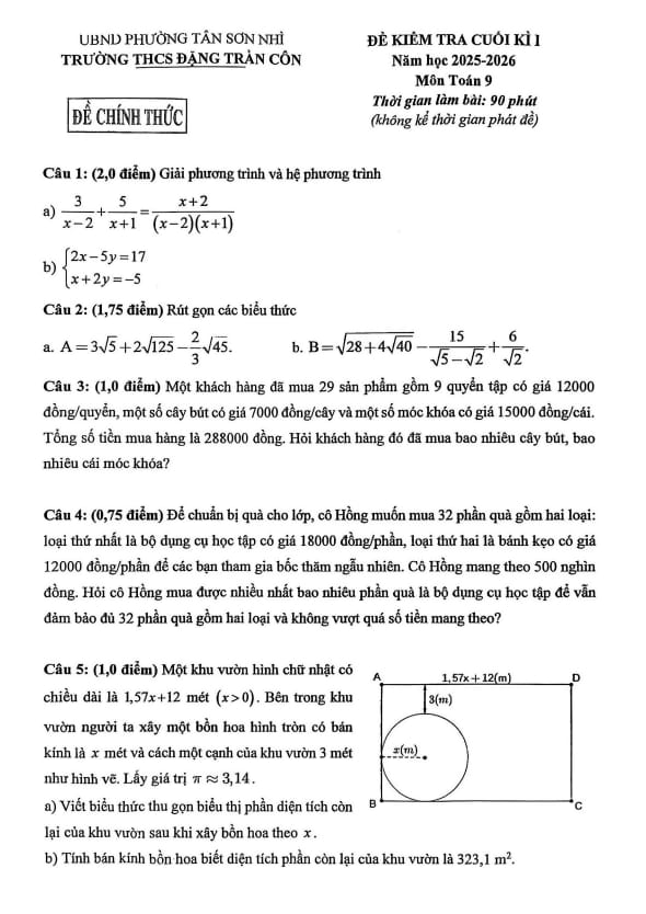 đề cuối kì 1 toán 9 năm 2025 – 2026 trường thcs đặng trần côn – tp hcm