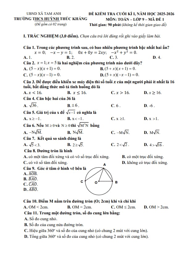 đề cuối kì 1 toán 9 năm 2025 – 2026 trường thcs huỳnh thúc kháng – đà nẵng