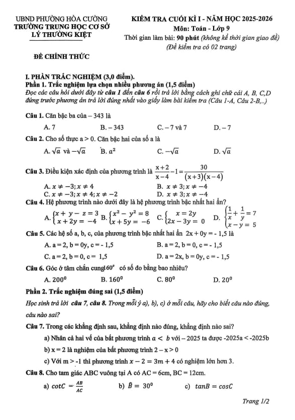 đề cuối kì 1 toán 9 năm 2025 – 2026 trường thcs lý thường kiệt – đà nẵng