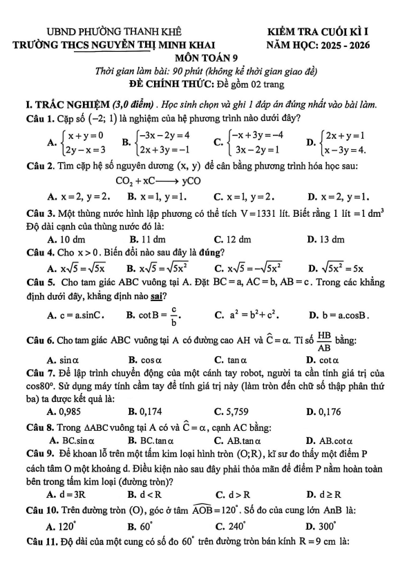 đề cuối kì 1 toán 9 năm 2025 – 2026 trường thcs nguyễn thị minh khai – đà nẵng