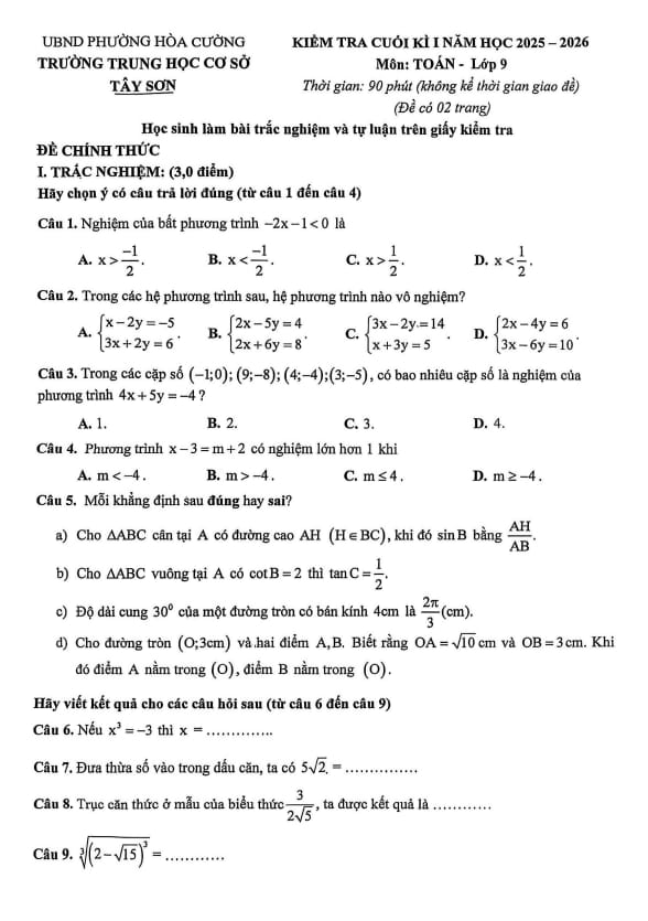đề cuối kì 1 toán 9 năm 2025 – 2026 trường thcs tây sơn – đà nẵng