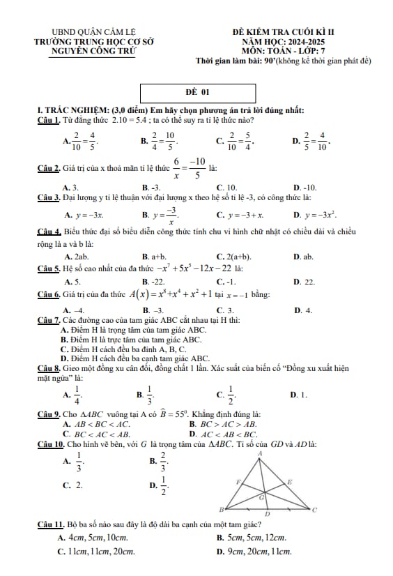 đề cuối kì 2 toán 7 năm 2024 – 2025 trường thcs nguyễn công trứ – đà nẵng
