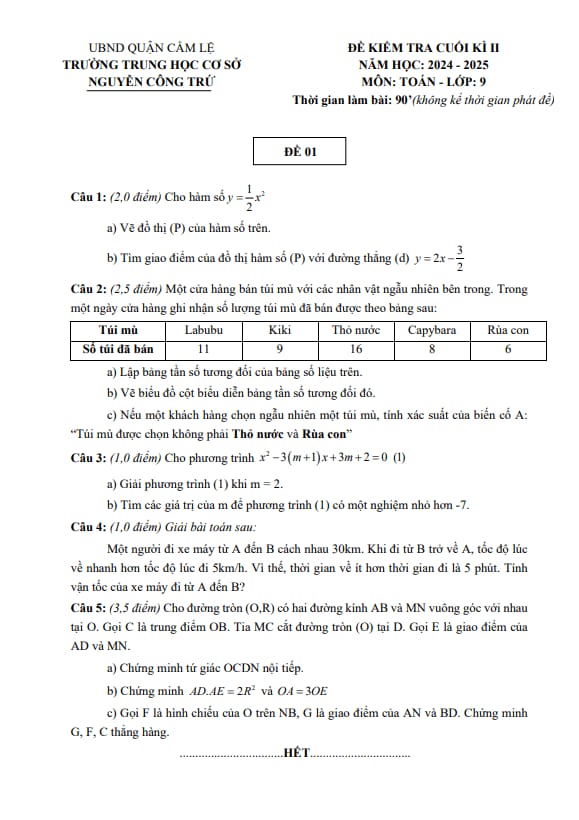 đề cuối kì 2 toán 9 năm 2024 – 2025 trường thcs nguyễn công trứ – đà nẵng