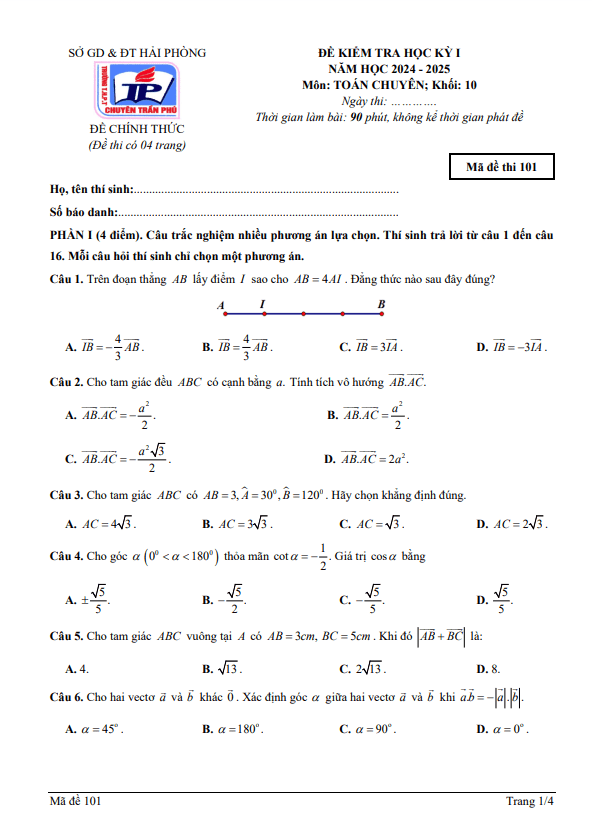 đề cuối kỳ 1 toán 10 chuyên năm 2024 – 2025 trường chuyên trần phú – hải phòng