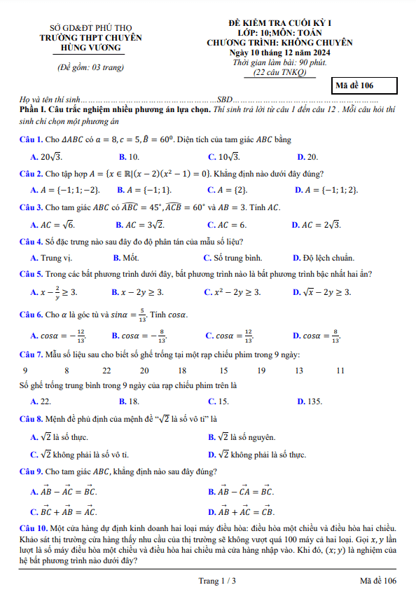 đề cuối kỳ 1 toán 10 năm 2024 – 2025 trường thpt chuyên hùng vương – phú thọ