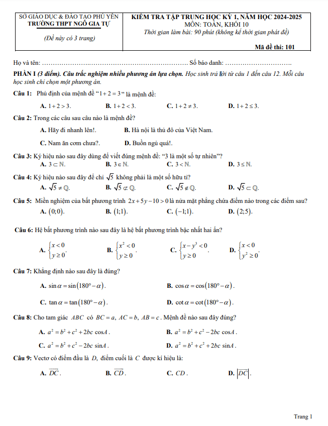 đề cuối kỳ 1 toán 10 năm 2024 – 2025 trường thpt ngô gia tự – phú yên