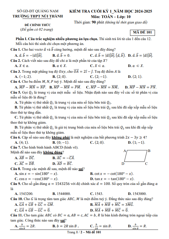 đề cuối kỳ 1 toán 10 năm 2024 – 2025 trường thpt núi thành – quảng nam
