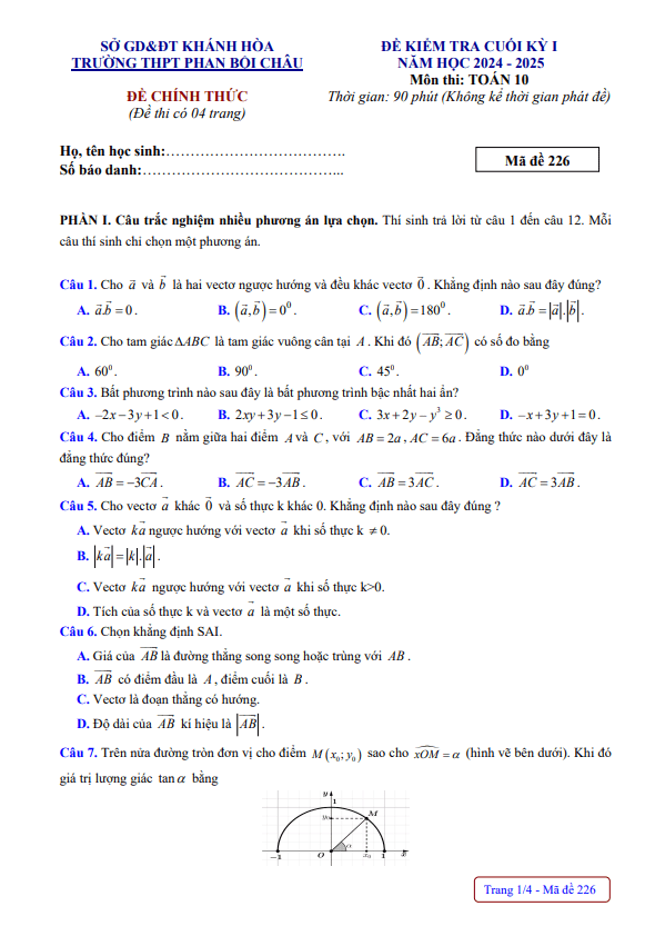 đề cuối kỳ 1 toán 10 năm 2024 – 2025 trường thpt phan bội châu – khánh hòa