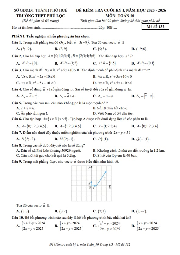Tài liệu đề cuối kỳ 1 toán 10 năm 2025 – 2026 trường thpt phú lộc – huế