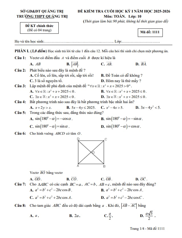 đề cuối kỳ 1 toán 10 năm 2025 – 2026 trường thpt quảng trị – quảng trị