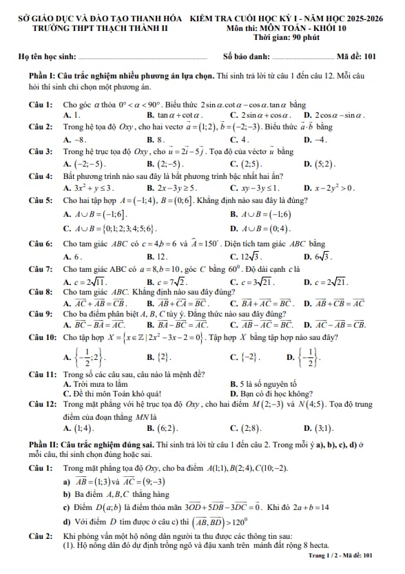 đề cuối kỳ 1 toán 10 năm 2025 – 2026 trường thpt thạch thành 2 – thanh hóa