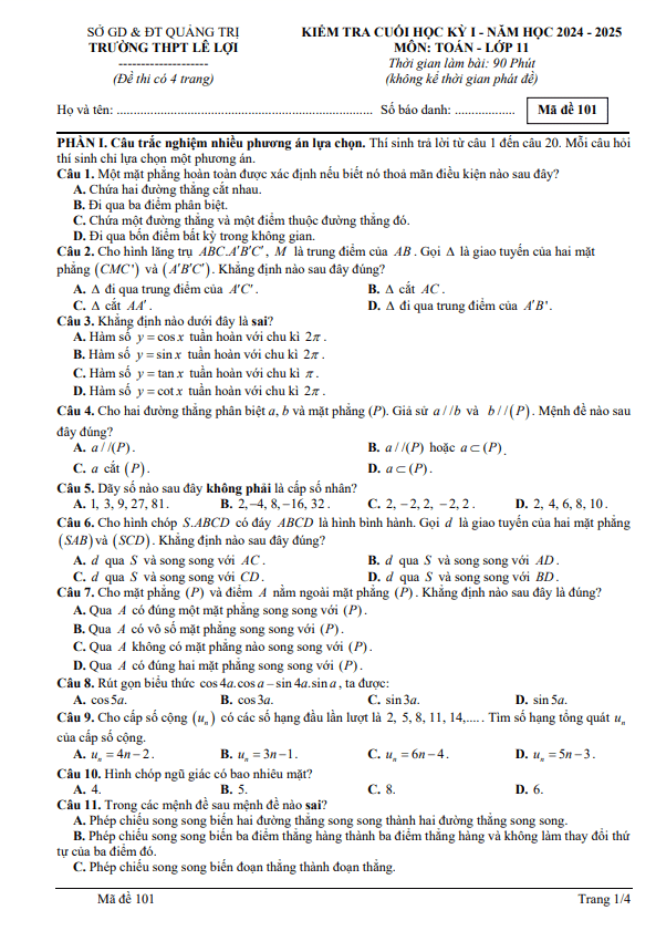 đề cuối kỳ 1 toán 11 năm 2024 – 2025 trường thpt lê lợi – quảng trị
