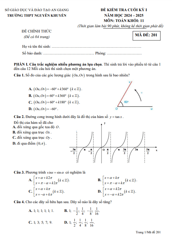 đề cuối kỳ 1 toán 11 năm 2024 – 2025 trường thpt nguyễn khuyến – an giang