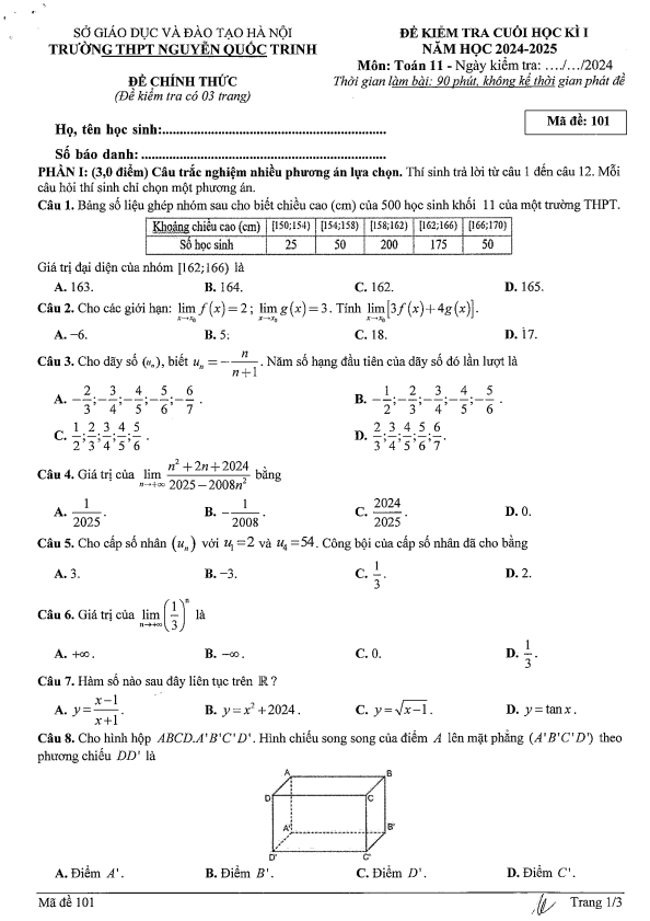 đề cuối kỳ 1 toán 11 năm 2024 – 2025 trường thpt nguyễn quốc trinh – hà nội