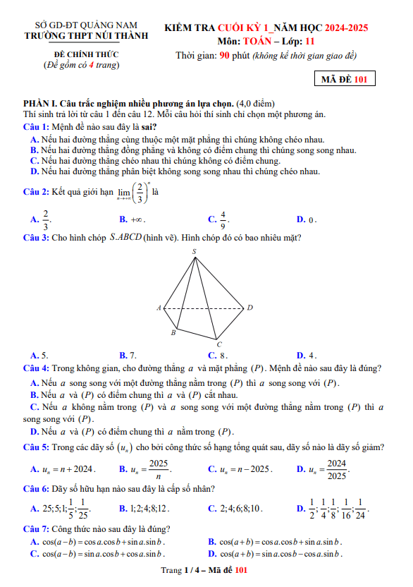 đề cuối kỳ 1 toán 11 năm 2024 – 2025 trường thpt núi thành – quảng nam