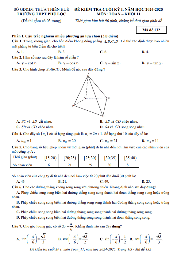 đề cuối kỳ 1 toán 11 năm 2024 – 2025 trường thpt phú lộc – tt huế