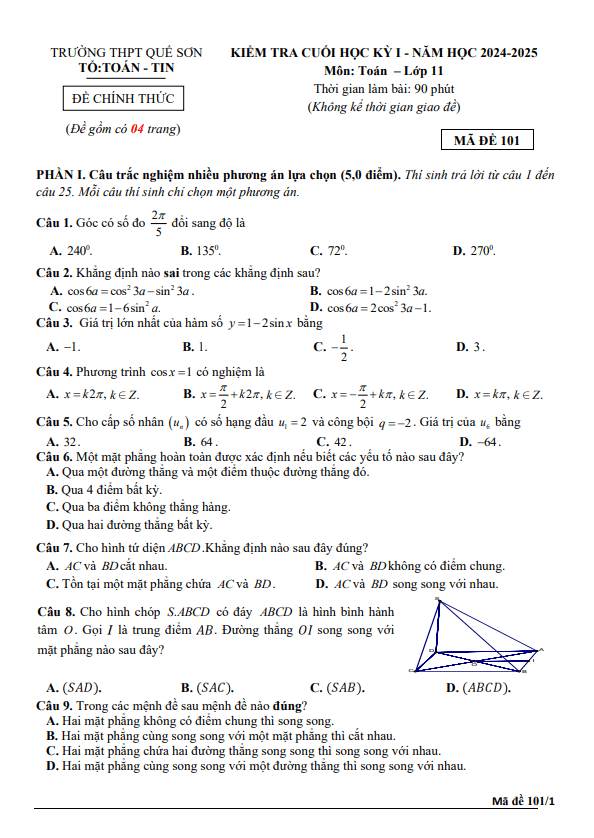 đề cuối kỳ 1 toán 11 năm 2024 – 2025 trường thpt quế sơn – quảng nam
