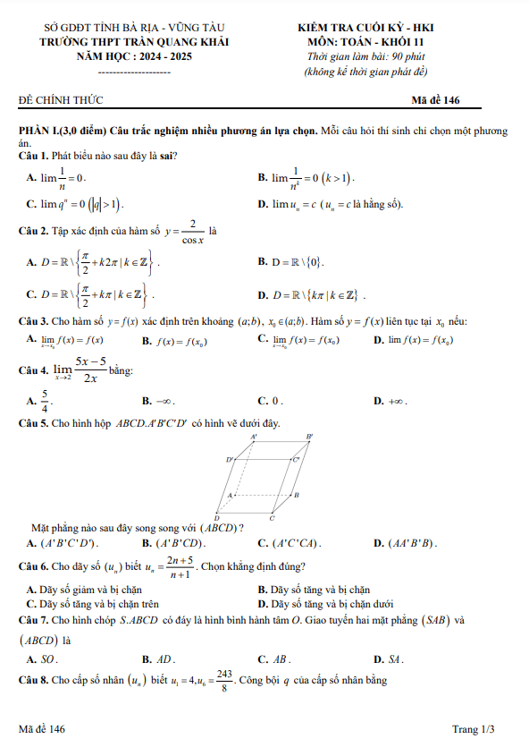 đề cuối kỳ 1 toán 11 năm 2024 – 2025 trường thpt trần quang khải – br vt