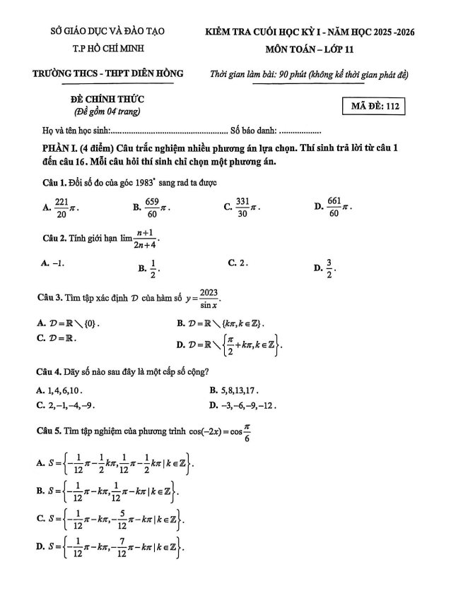 đề cuối kỳ 1 toán 11 năm 2025 – 2026 trường thcs-thpt diên hồng – tp hcm