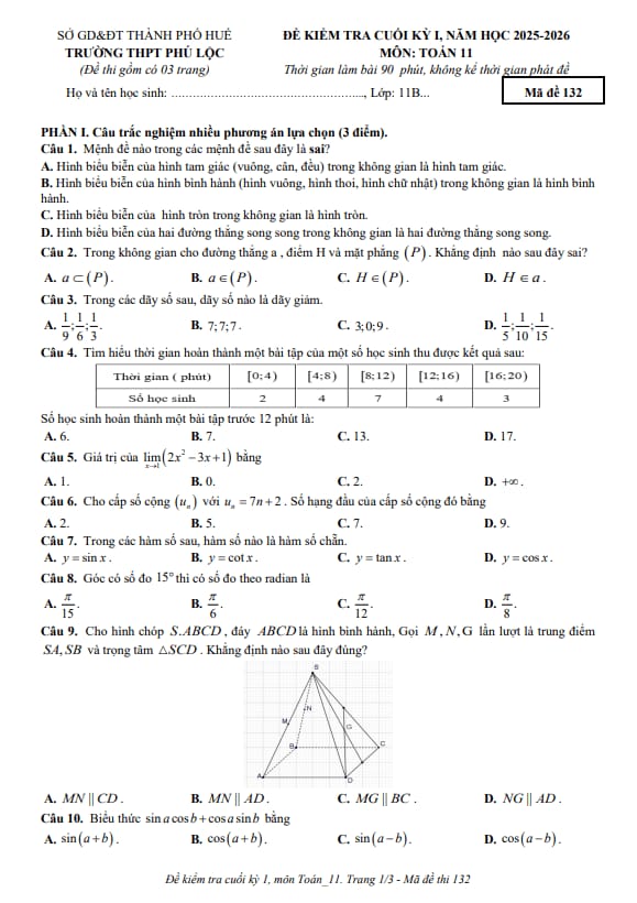 Tài liệu đề cuối kỳ 1 toán 11 năm 2025 – 2026 trường thpt phú lộc – huế